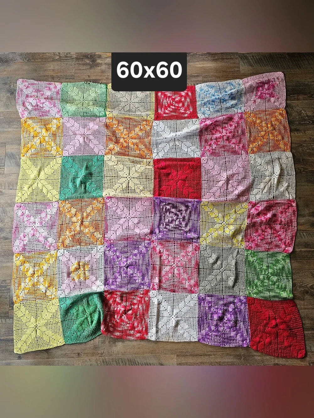 VINTAGE Handmade String Patchwork Diamond- In-Square Design Throw Blanket